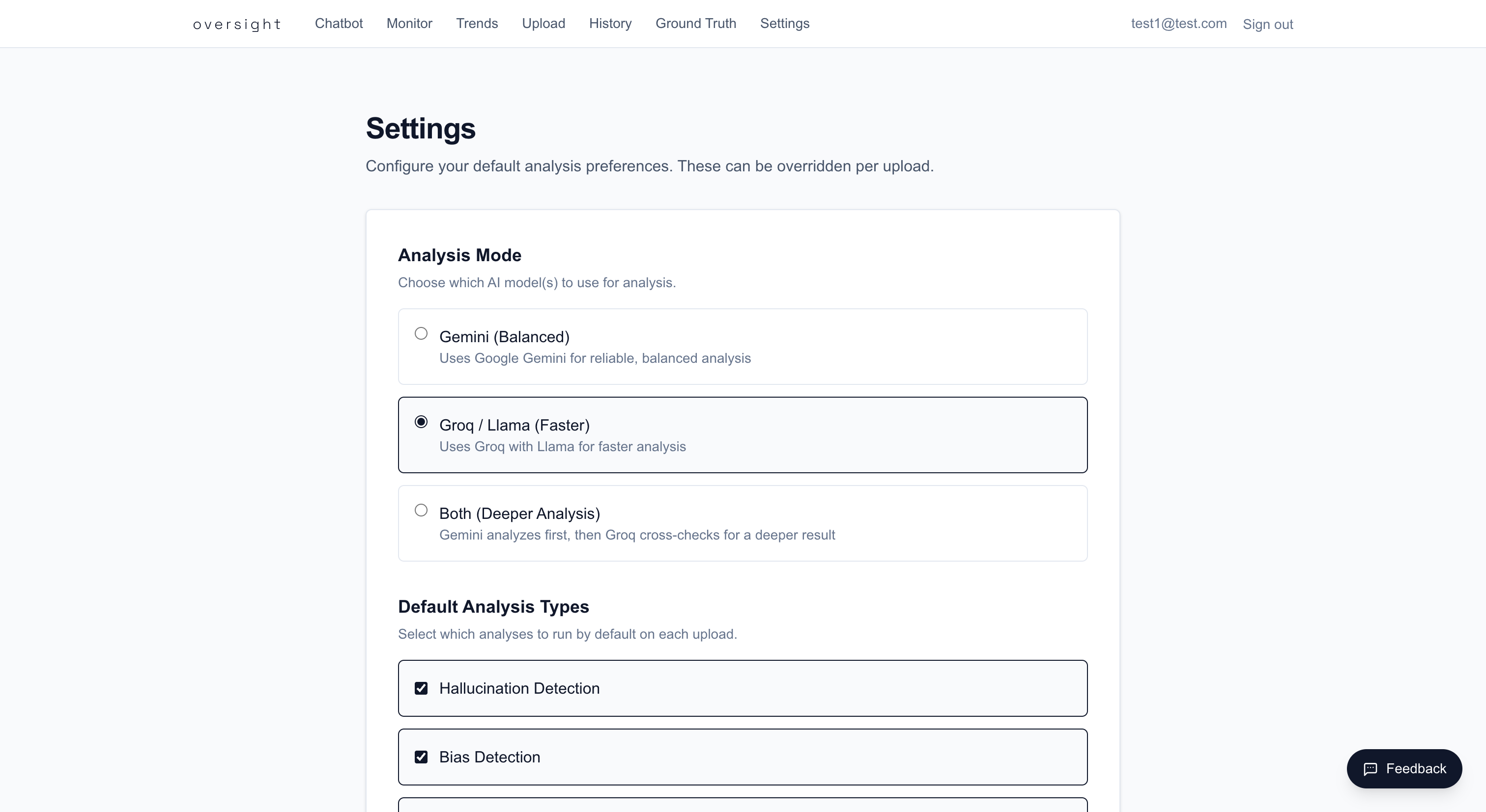 Settings page